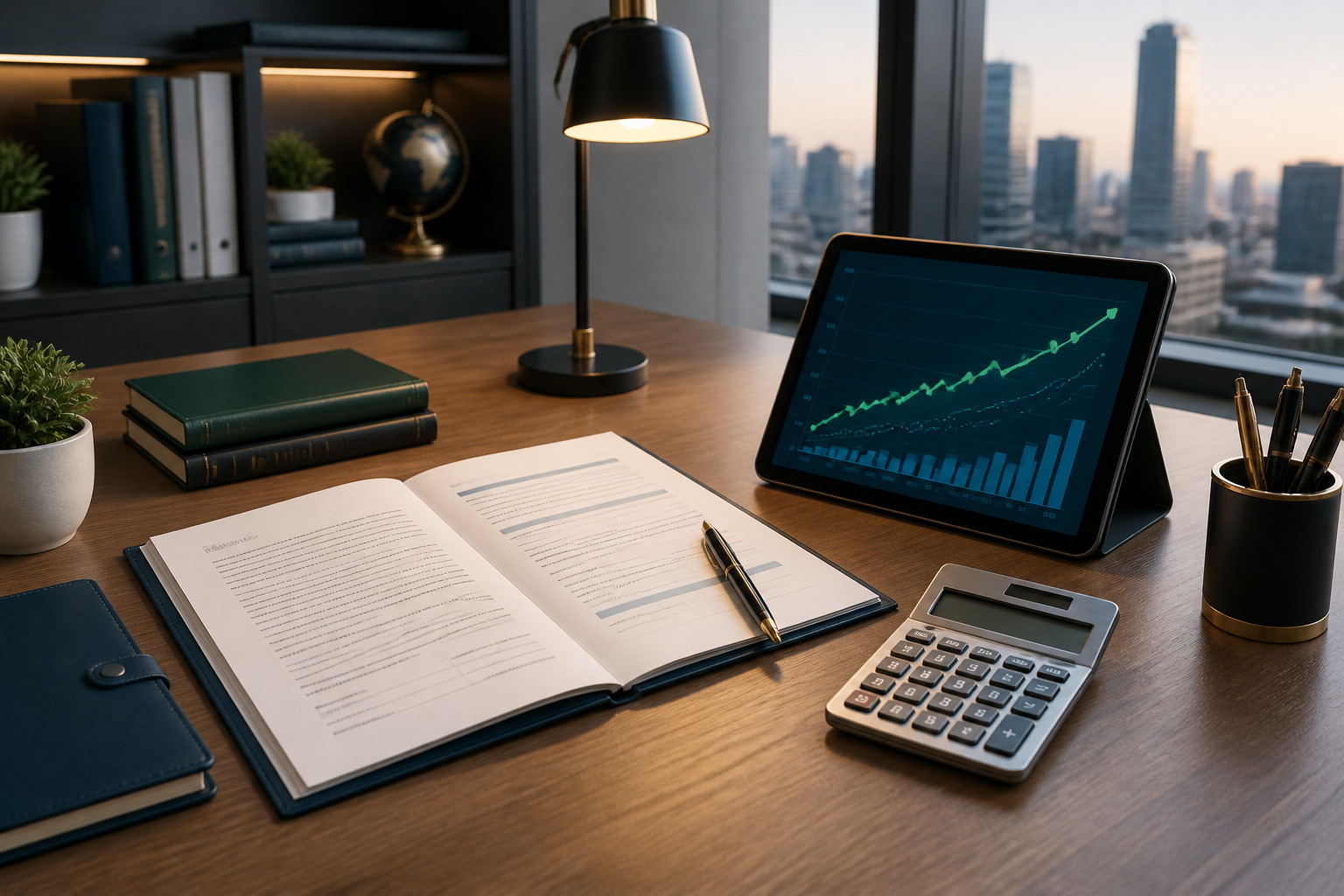 Bureau moderne avec documents et graphiques financiers
