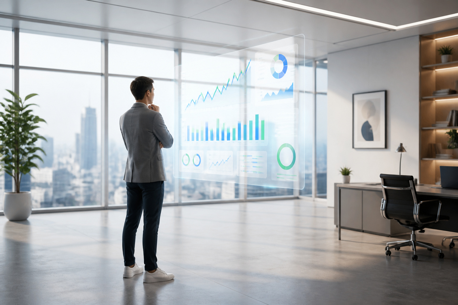 Professionnel analysant des donnees financieres holographiques