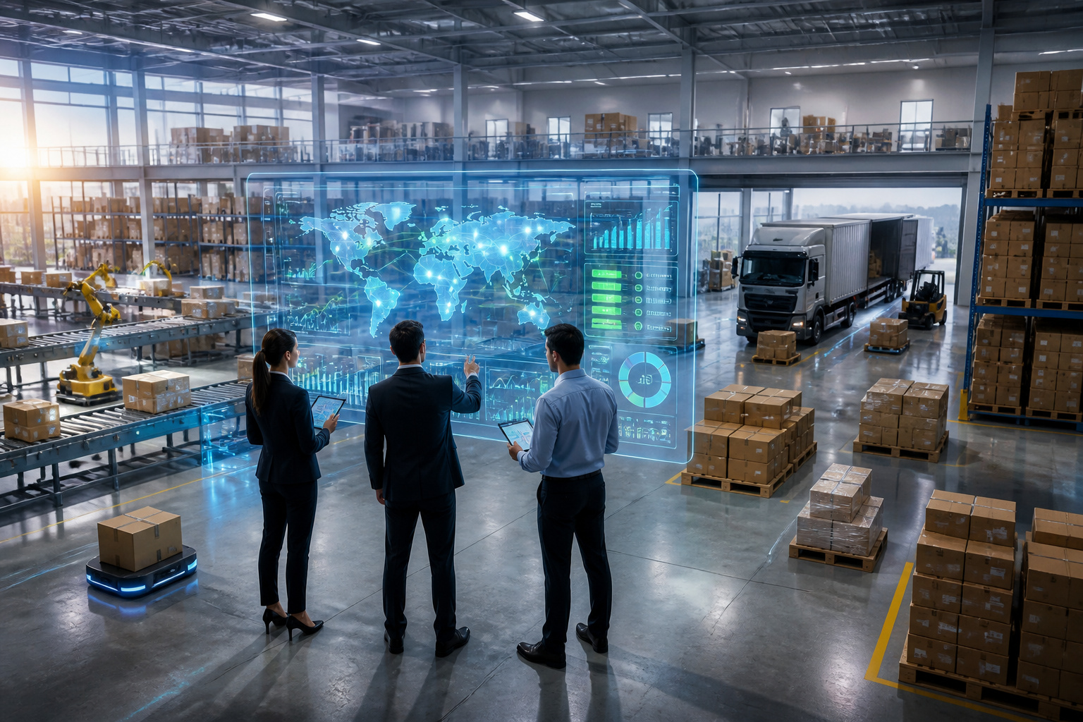 Centre logistique moderne avec affichage holographique