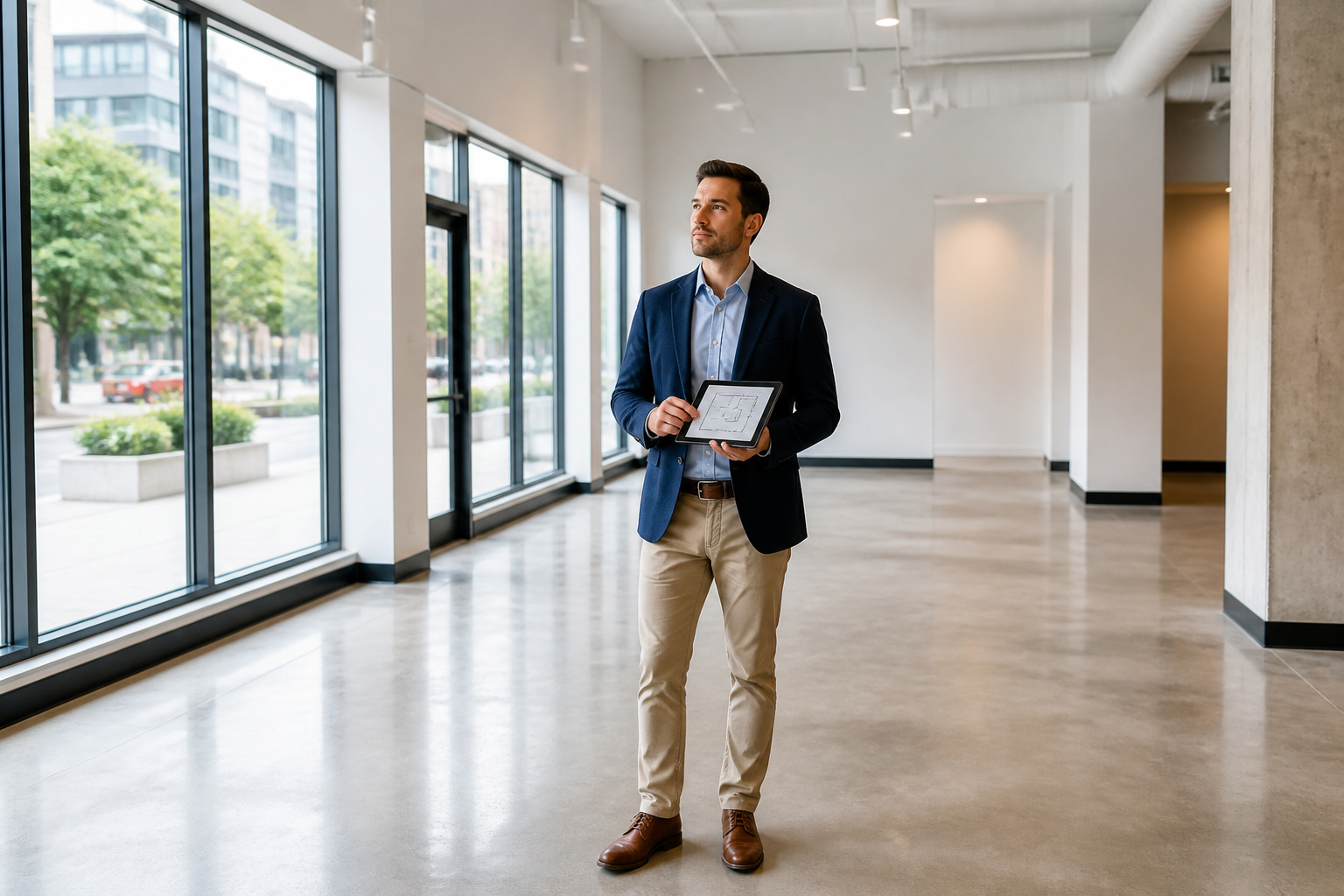 Homme daffaires evaluant un espace commercial