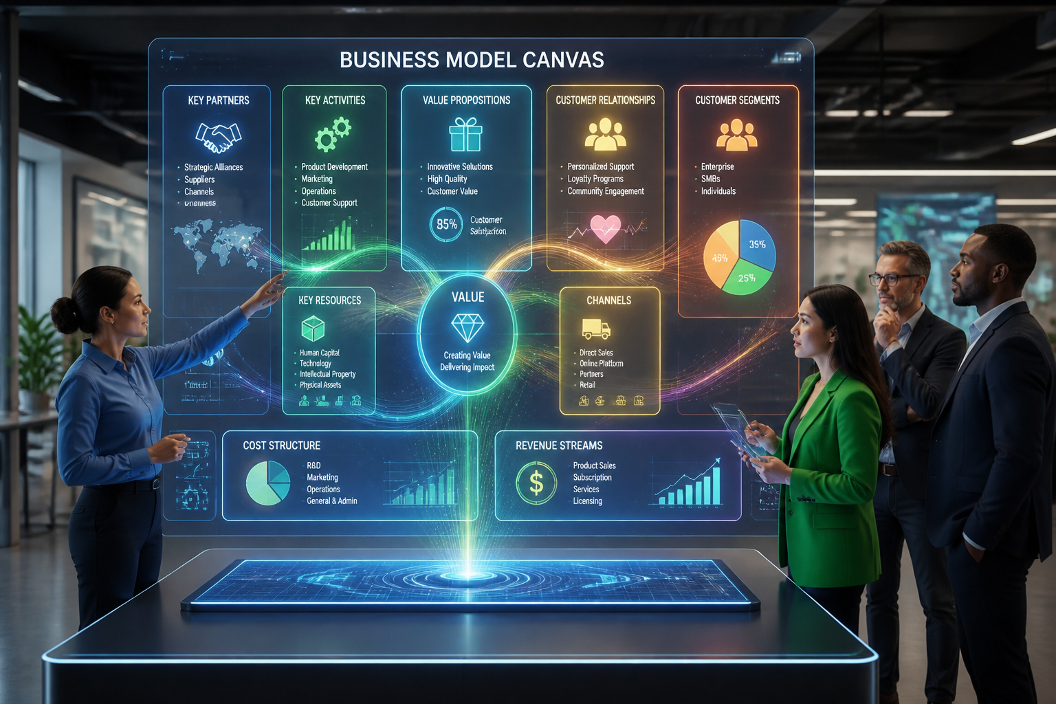 Equipe collaborant sur un modele economique holographique