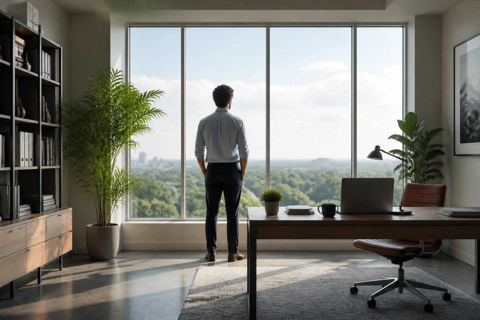 Reflexion dans un bureau lumineux